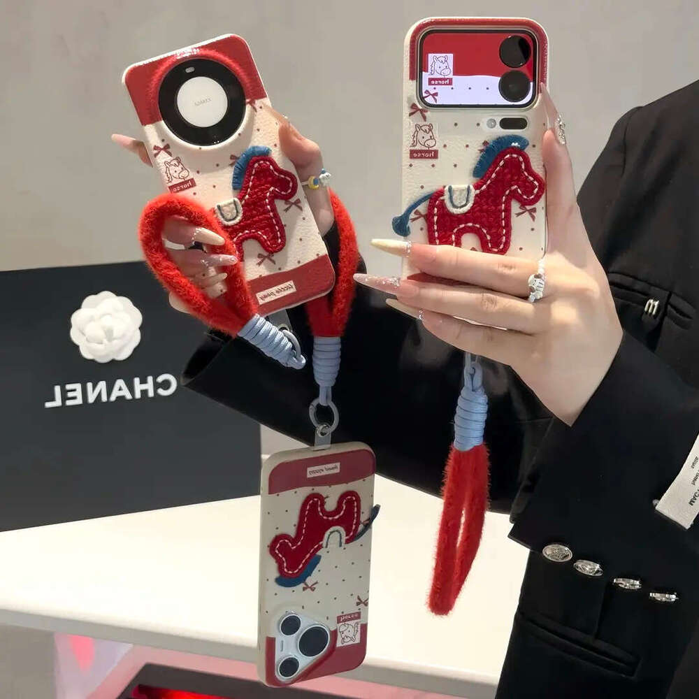 Embroidered Knitted Pony Lanyard Compatible with Apple 17 Phone Case iPhone 16/15 Pro Max New Year Red Soft 13 S260128