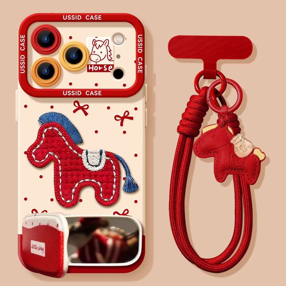Embroidered 3D Pony for Apple 17pm New Year 16pro Red 15 Girls High Appearance 14 Soft Phone Case S260128