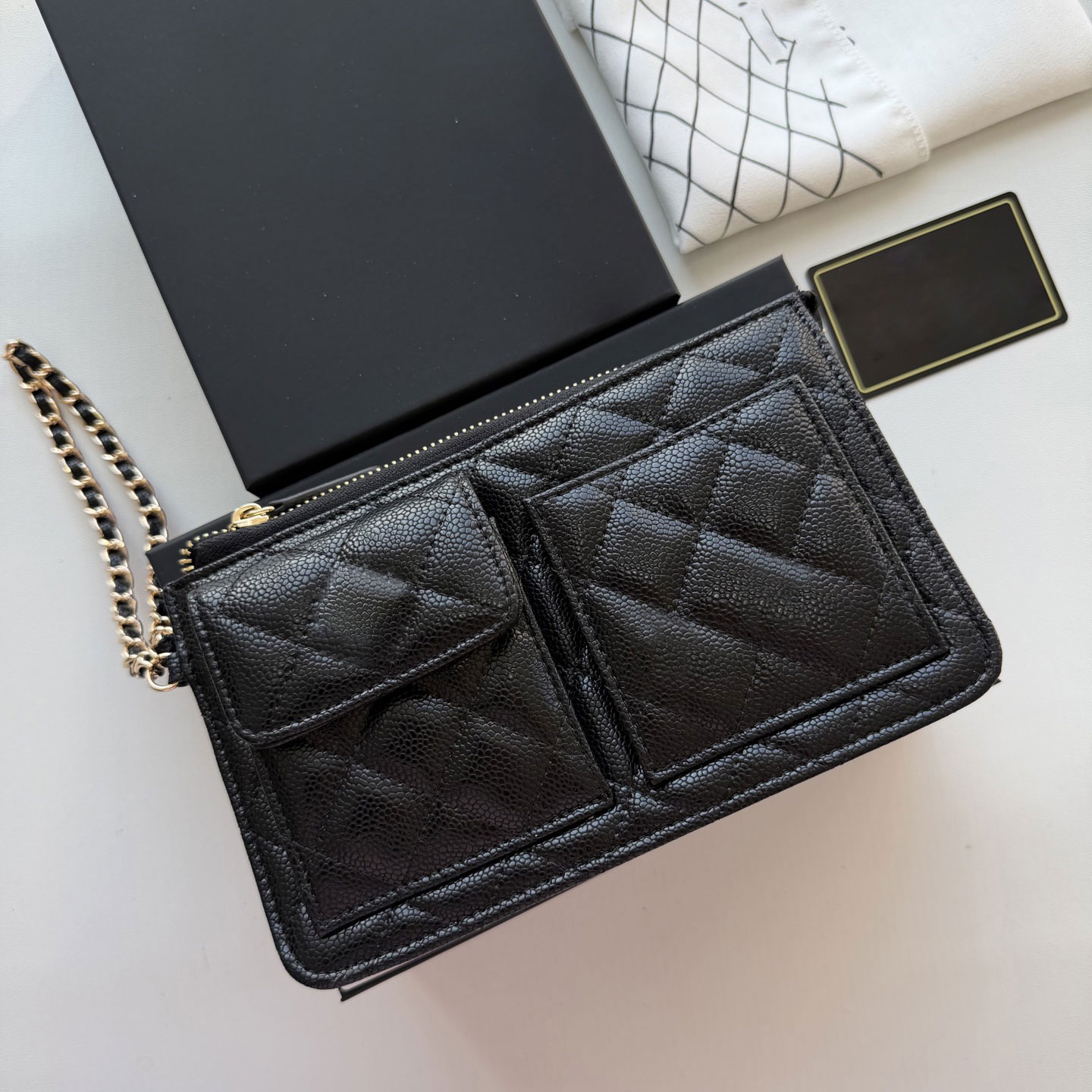 Designer Bag Women WOC Bag Chain Bag 10A Caviar Pattern Clutch Cosmetic Bag Double Pocket Bag Wristlet Travel Cosmetic Organizer toiletry bag Cellphone Pouch