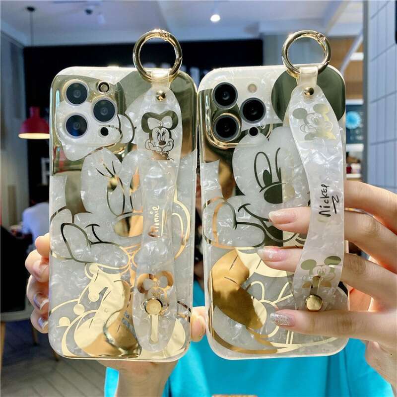 Cartoon Compatible iPhone 16 Max Phone Case Apple 12/13 Glitter 15 Gold Stamping Shell Wrist Strap 14 Pro S260128