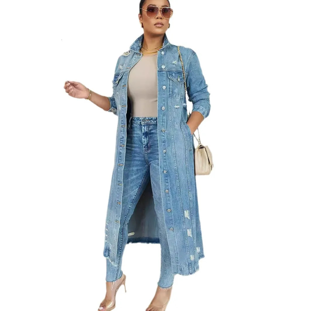 Women Long Denim Jacket Hole Overcoat Single Breasted Pockets Turn Down Collar 2024 Female Streetwear Vintage Jean Outerwear 260120