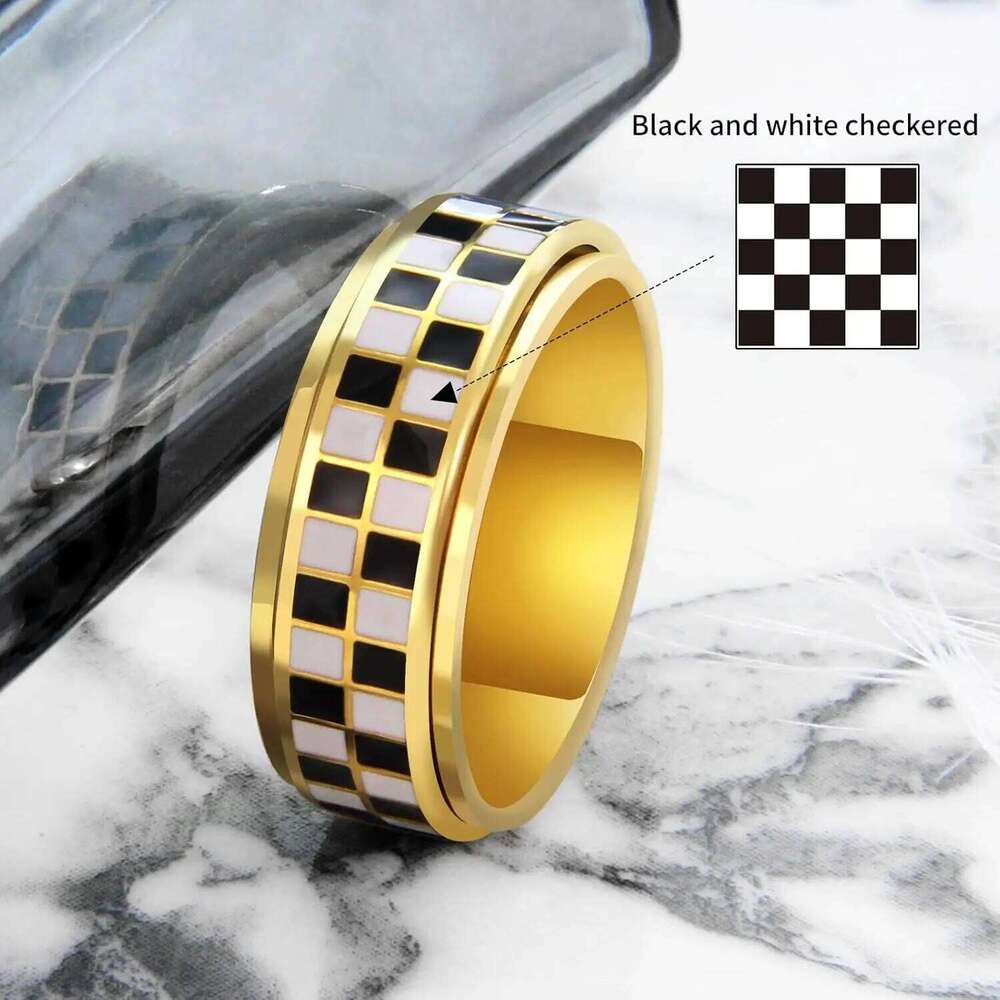 Stainless Steel Checkered Fidget Spinners Rings Black and White Checkerboard Rotate Ring for Stress Relief Spinner Jewelry XJ260127