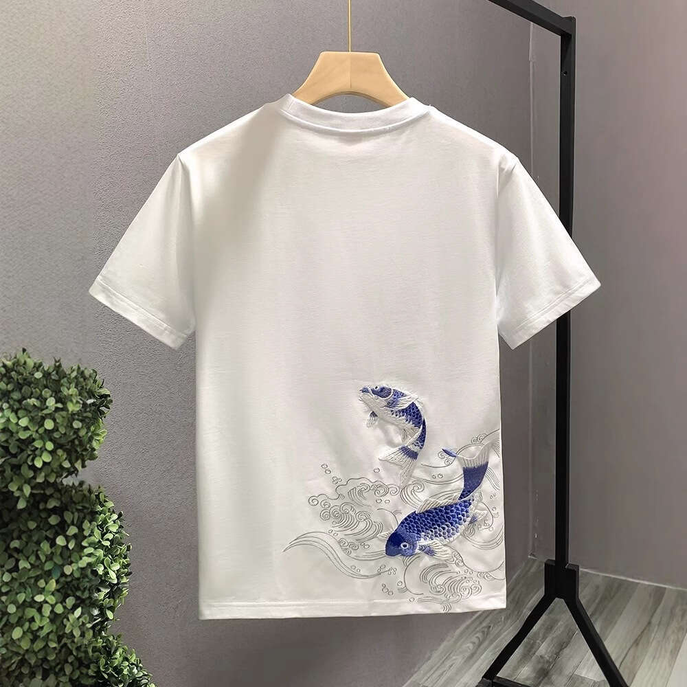 New Arrivals Trendy Chinese Style Embroidered Short T-Shirt Summer New Fashion Half Sleeve Round Neck Tee For Men Luanyun