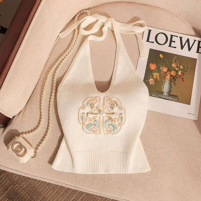 National Style New Chinese Embroidery Camisole For Women, Inner Wear And Outer Wear, Summer With Chest Pad, Sexy Backless Hot Girl Knitted Top