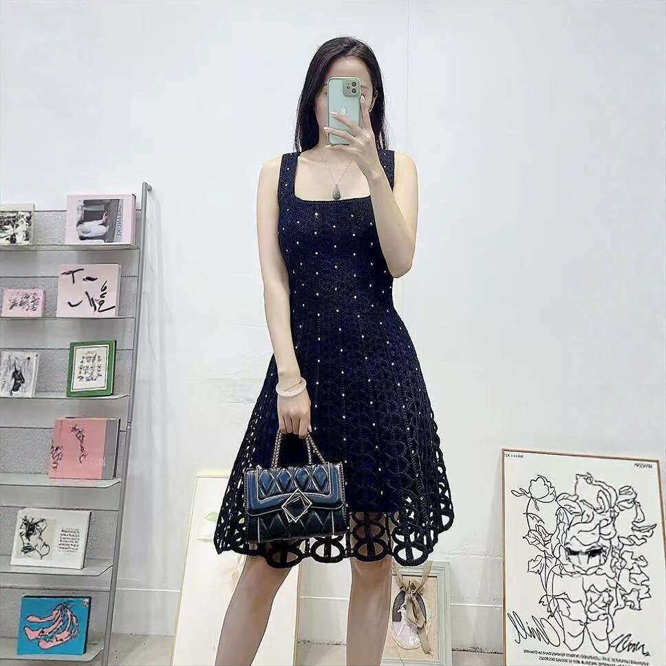 2026 summer new dark blue embellished square neck slim fit hollow suspender dress for women