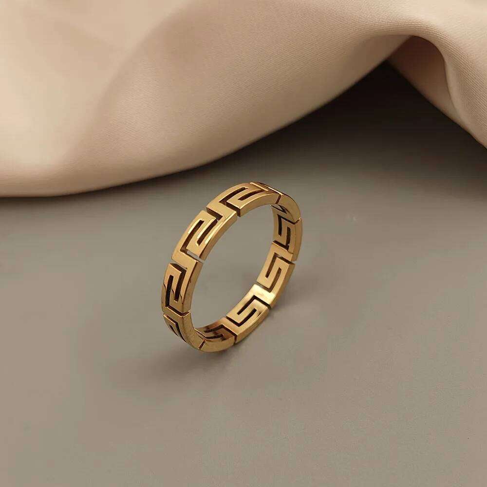 Creative - Greek key pattern stainless steel finger ring, high quality waterproof jewelry, gift for friends XJ260127