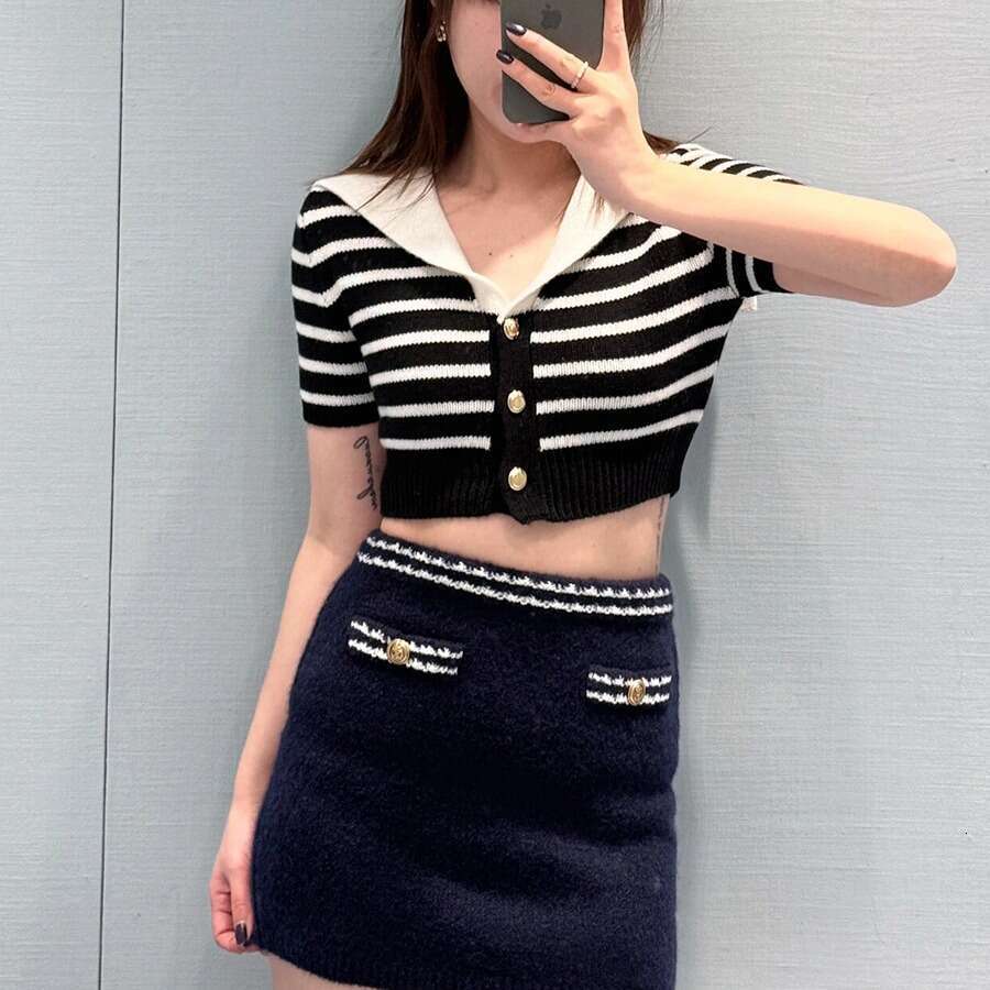 2026 Spring New Navy Blue Collar Knitted Sweater Short Sleeve Striped Slimming Women's Open Knitted Sweater