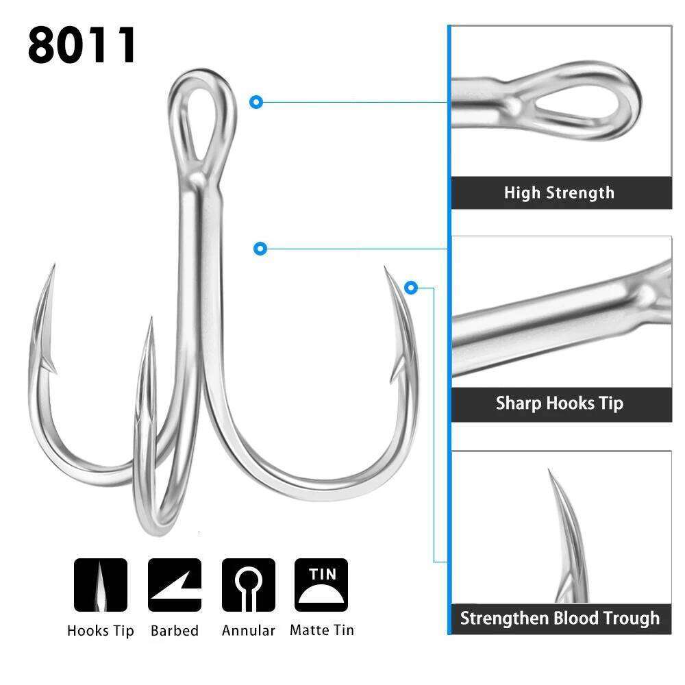 PROBEROS 50PCS Saltwater Fishing Hook 14#-3/0# Anti-rusty Treble HooksTin Color Fishhooks 3X High-Carbon Steel High Strength Z260128