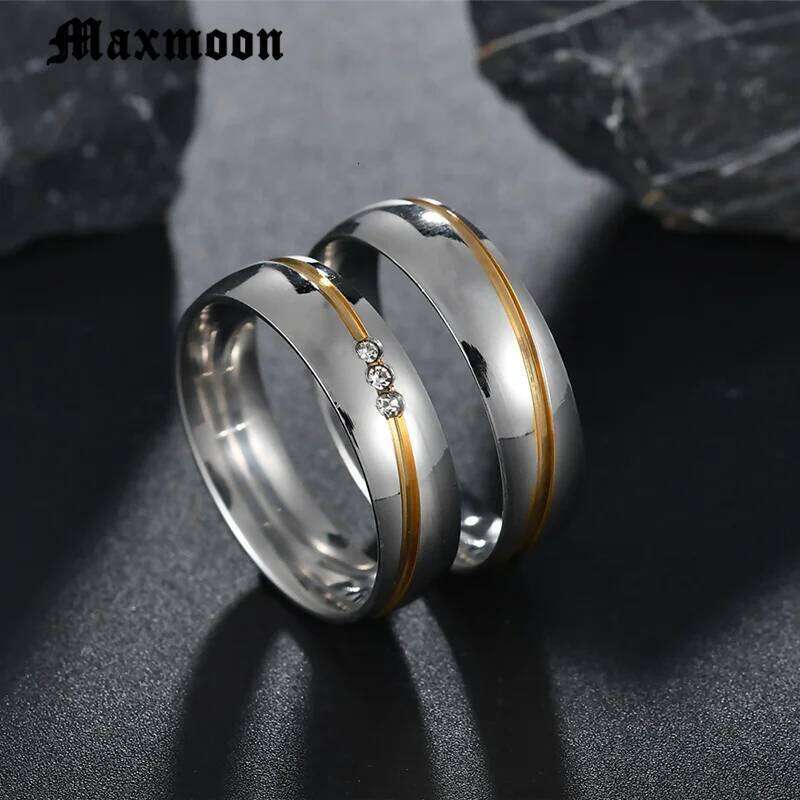 Maxmoon 2019 New Gold color Stainless Steel Wedding Bands Shiny Crystal for Female Male Jewelry 6mm Engagement Ring XJ260127
