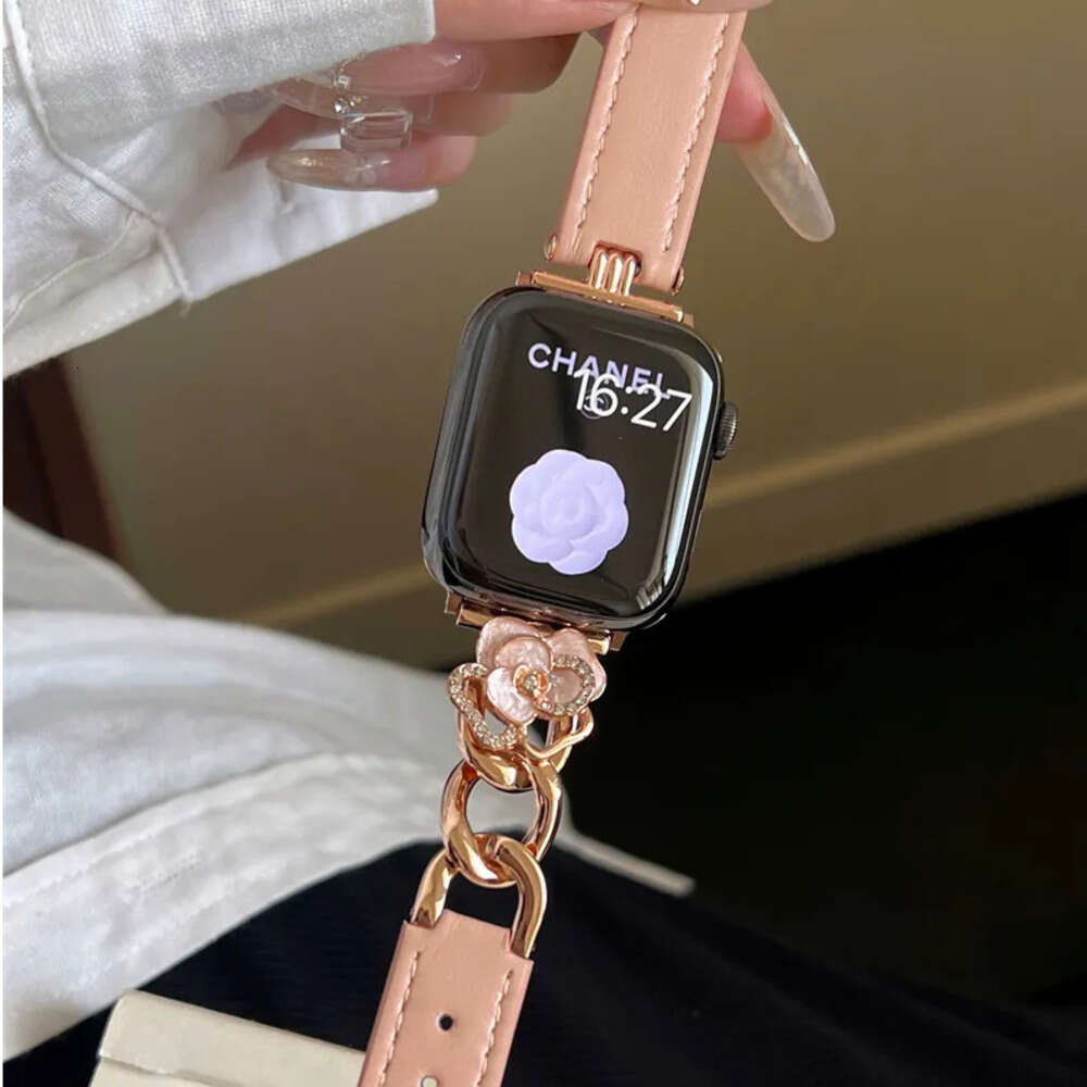 Camellia Leather Metal Apple Watch Strap for iWatch 38mm 40mm 41mm 42mm 44mm 45mm 46mm 49mm Series 3 4 5 6 7 8 9 10 Ultra 2