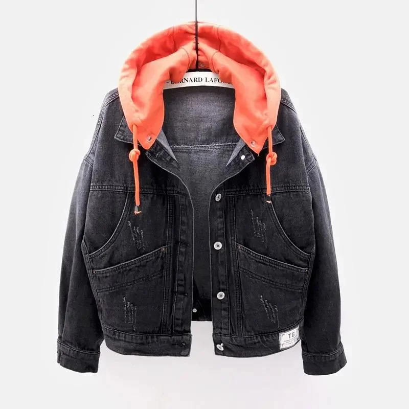 Blue Hooded Turndown Collar Denim Jacket Women Loose Button Patchwork Outwear Jean Coat Female 260120