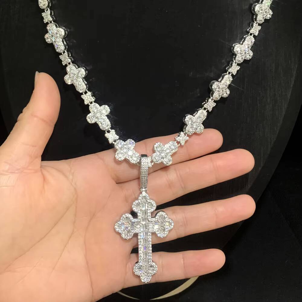 2026 In Stock Mens Fine Jewelry Set Iced Out Bling Rectangle vvs moissaniteia Hip Hop Cross Pendant Necklace Fashionable Cross Chain