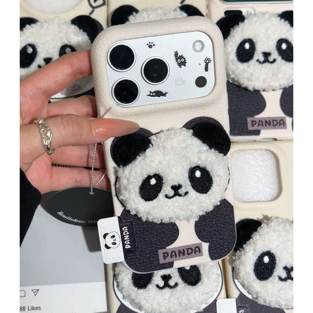 Plush 3D Panda Label Compatible with Apple 17 Pro Leather Texture Phone Case IP16/15 Plus Cute 14 for Women 13 S260128