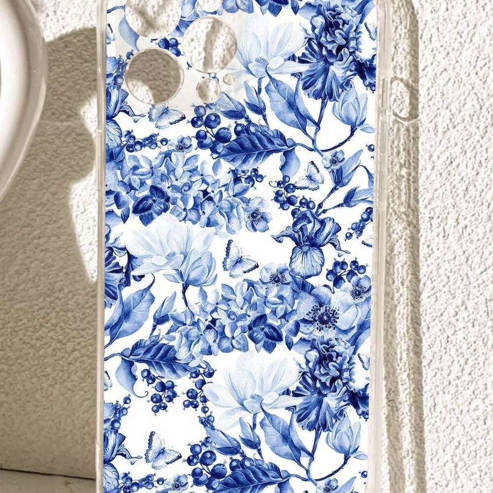Blue and White Porcelain Color Anti-Fall Transparent for iPhone 15/16/17 Series Pro Max/14 Phone Case Protection S260128