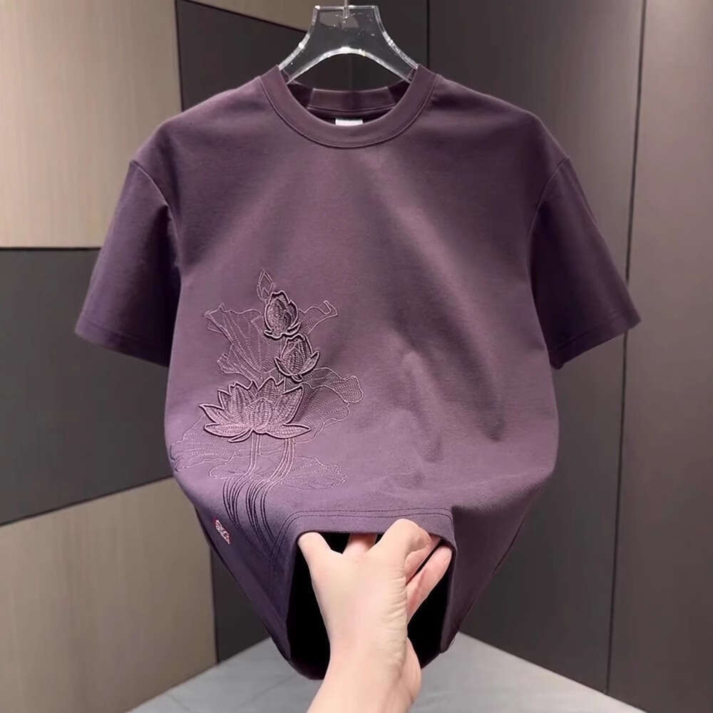 New Arrivals Style Embroidery Heavy Craftsmanship Trendy Short Men's Summer New Solid Color High-End T-Shirt Round Neck Pullover Half Sleeve Luan