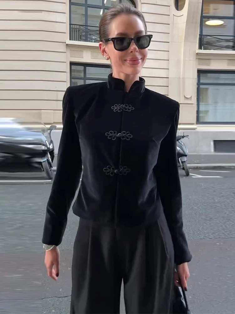 Womens Velvet Mandarin Collar Blazer Frog Button Detail Long Sleeve Slim Fit Elegant Formal Party Office Casual Elegant Outwear 260128