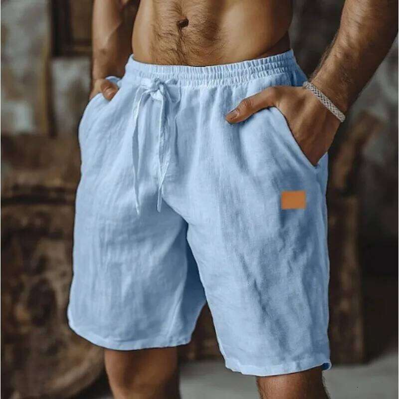 Linen Shorts Drawstring Elastic Waist Straight Legs Solid Color Breathable Daily Beach Five-point Casual Pants X260128