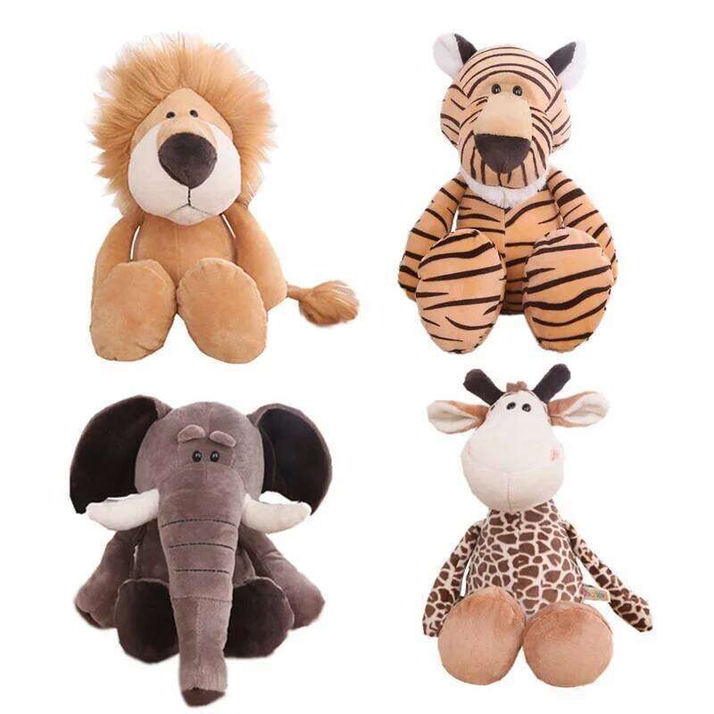 Kawaii Stuffed Plush Animals Soft Dolls Set Jungle Lion Elephant Tiger Dog Fox Monkey Deer - Children's Gift Baby Kids Hobby Y260128