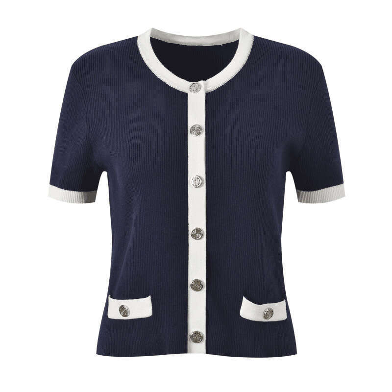 2026 summer new women's clothing color block style metal button decoration slim fit short sleeved knitted cardigan top