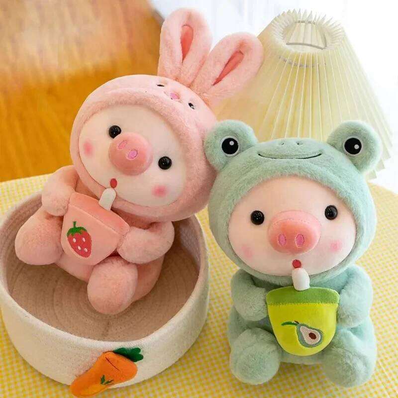 25cm Kawaii Bubble Pig Plush Toy Stuffed Animal Bunny Frog Tiger Soft Pillow Cup Milk Tea Boba Plushies Doll Kids Birthday Gifts Y260128