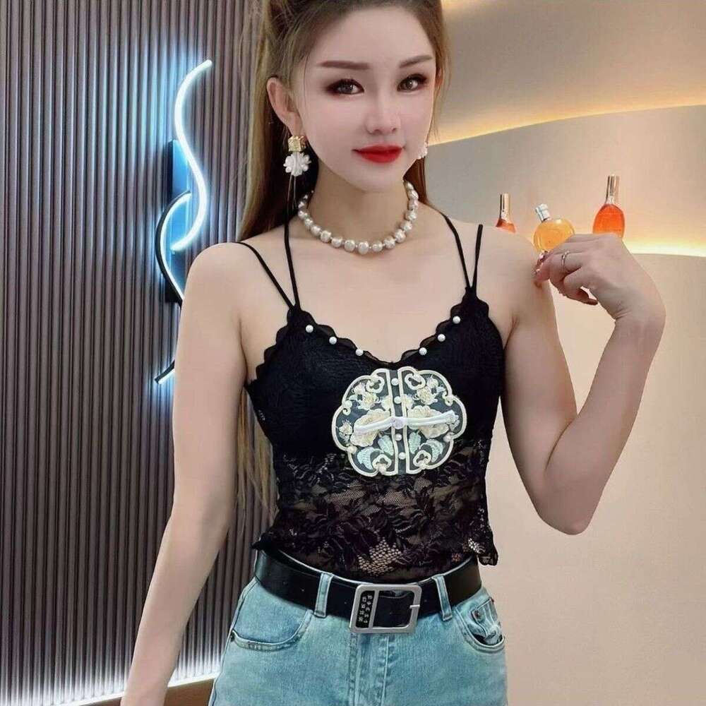 Hot-Selling Chinese Beautiful Back Hollow Out Vest Camisole Lace Spring Summer New Pearl Heavy Beading National Style Embroidery