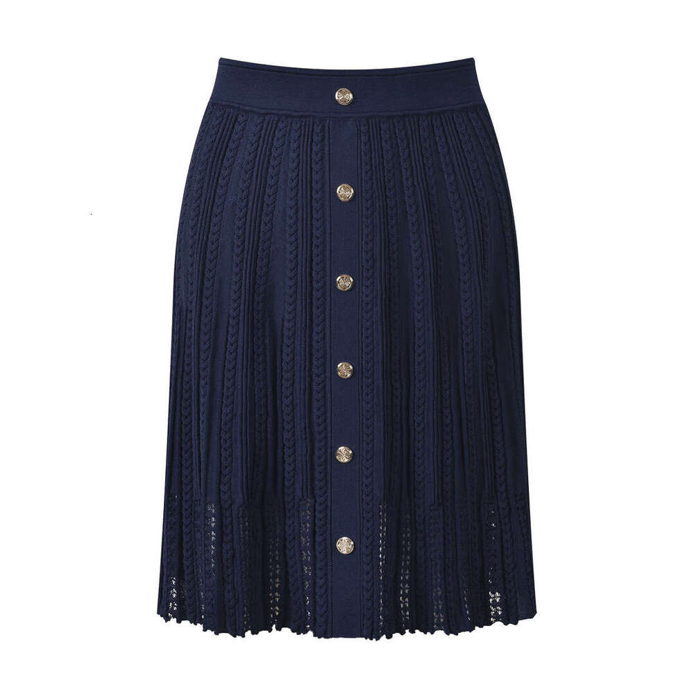 2026 Spring/Summer New Dark Blue French Multi functional Elegant Commuter Hollow Knitted Half Skirt Women's Wear
