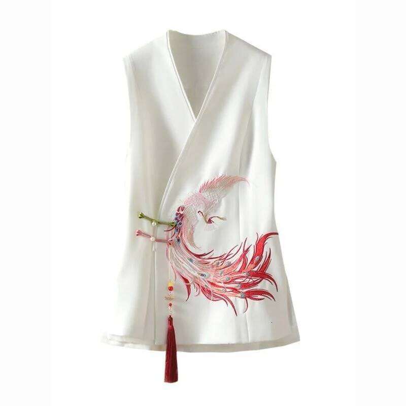 Temperament National Wind Spring White Vest Heavy Industry Phoenix Embroidery Chinese-Style Waistcoat Female