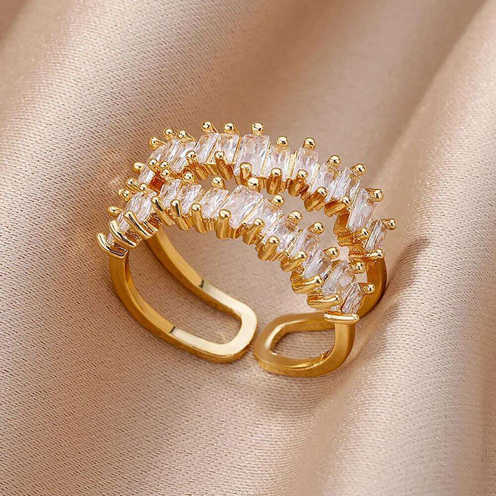 Double Layer Zircon Rings for Women Adjustable Gold Plated Stainless Steel Ring 2023 Trending Wedding Aesthetic Jewelry aretes XJ260127