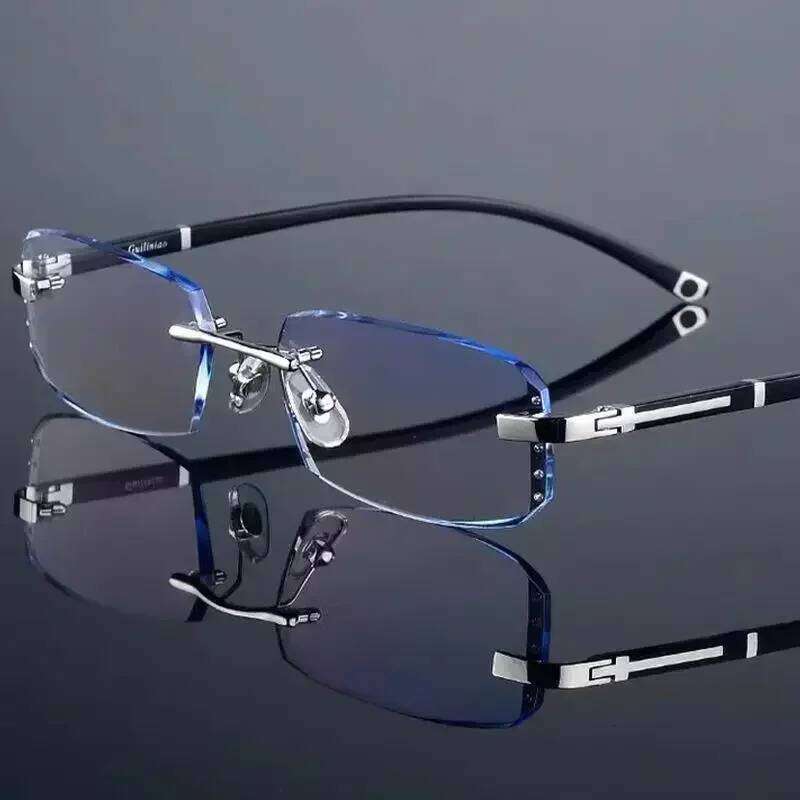 Myopia Frameless Optional Photochromic Blue Men's Anti Fatigue Clear Glasses 26Y0128