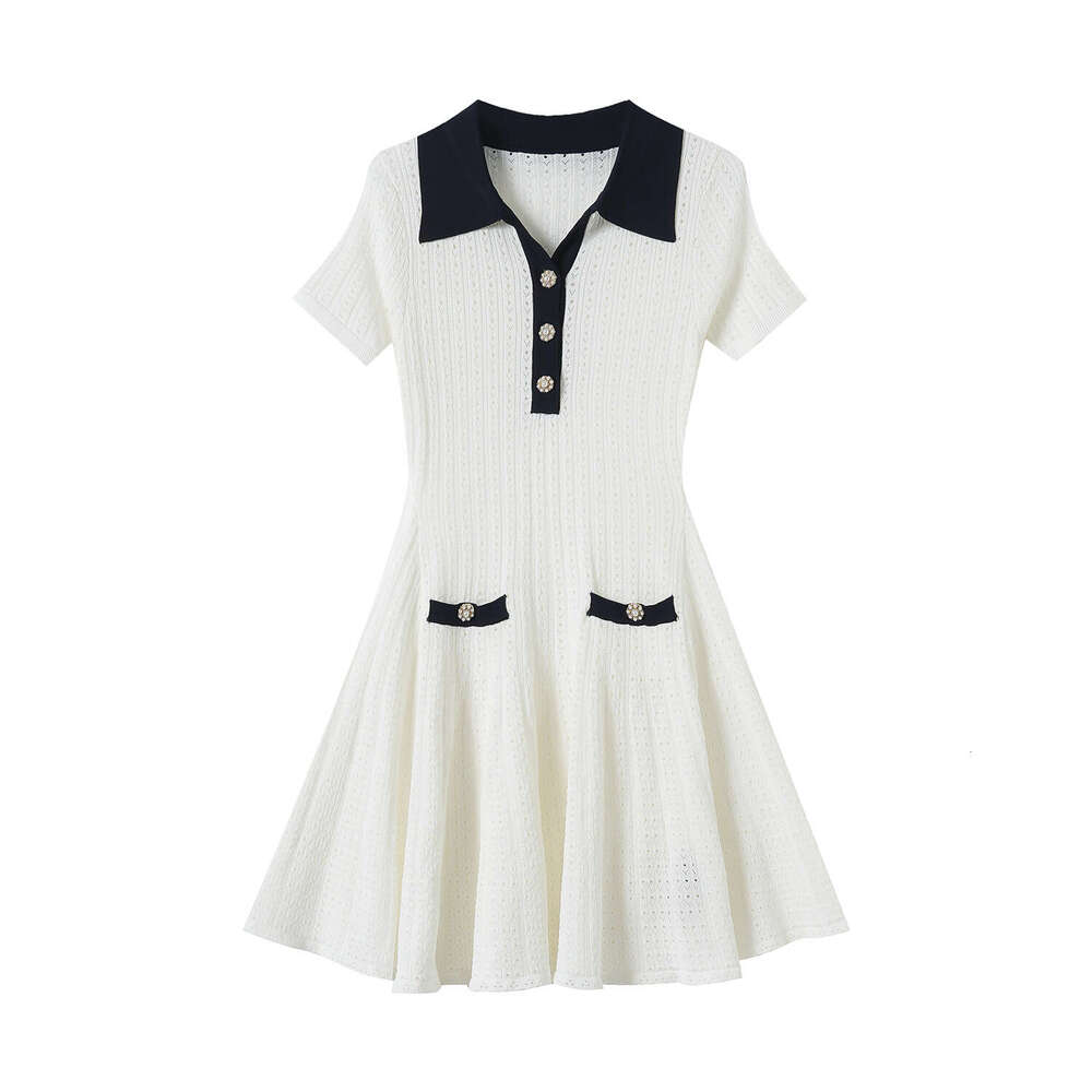 2026 Summer New Elegant Style Solid Color Collar Pearl Button Hollow Knitted Short Sleeve Dress