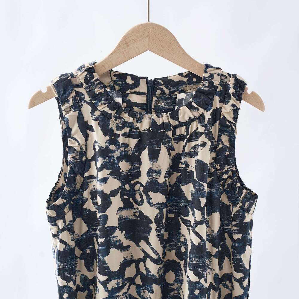 2026 Summer New Designer Cotton Poplin Printed Round Neck Sleeveless Dress for Women with Belt