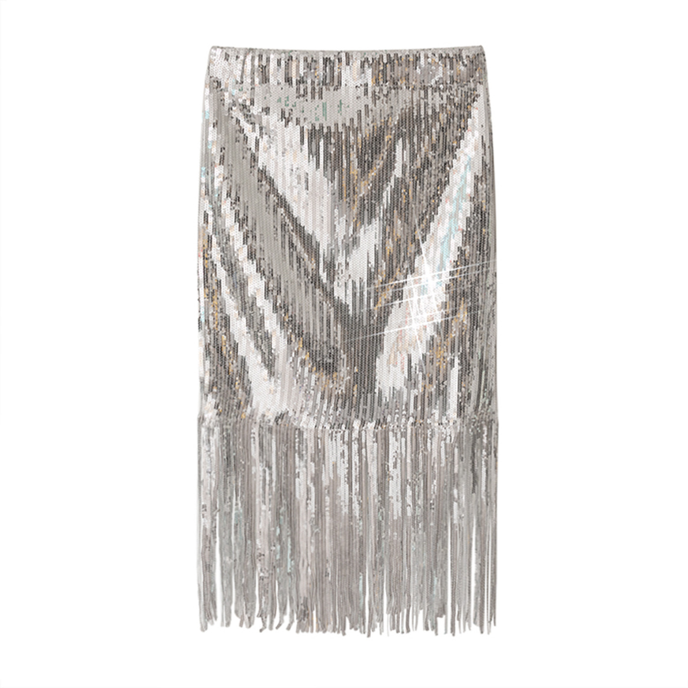 Women's Fashion Over-The-knee Sequined Temperament Fringe Skirt High Waist Mid-Length Slim Wrap Hips Silver Metal Bling 210521