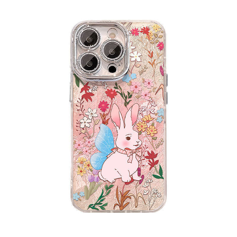 Oil Painting Floral Rabbit Case Apple 16 Pro, Full Coverage Lens Protector 15, Glacier Pattern 14, Shockproof for 13/12 S260128