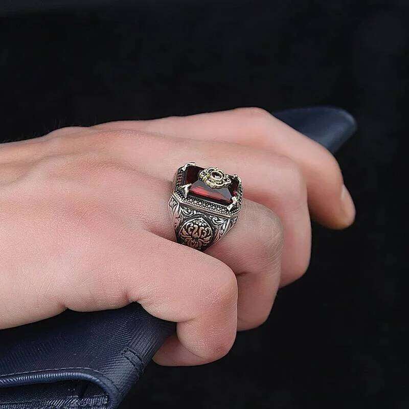 Retro Handmade Turkish Signet for Men Women Ancient Silver Color Carved Inlaid Red Zircon Punk Motor Biker Ring XJ260127