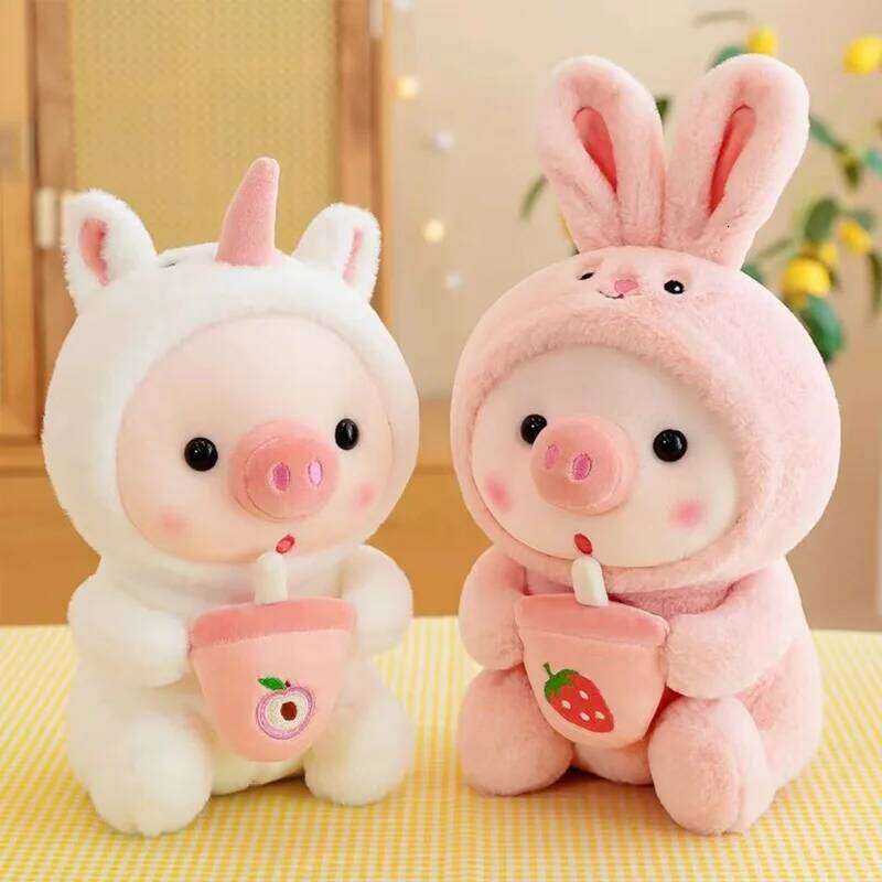 25cm Kawaii Bubble Pig Plush Toy Stuffed Animal Bunny Frog Tiger Soft Pillow Cup Milk Tea Boba Plushies Doll Kids Birthday Gifts Y260128