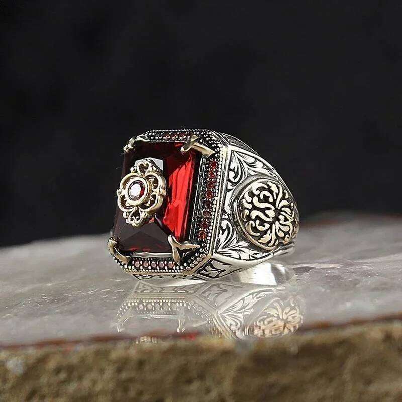Retro Handmade Turkish Signet for Men Women Ancient Silver Color Carved Inlaid Red Zircon Punk Motor Biker Ring XJ260127
