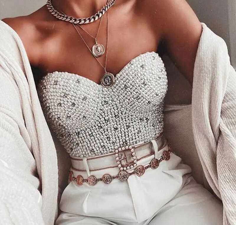 Women's vest, rhinestone tight corset, pearl bust, exposed navel bra, club party, shiny exposed navel top, clothing