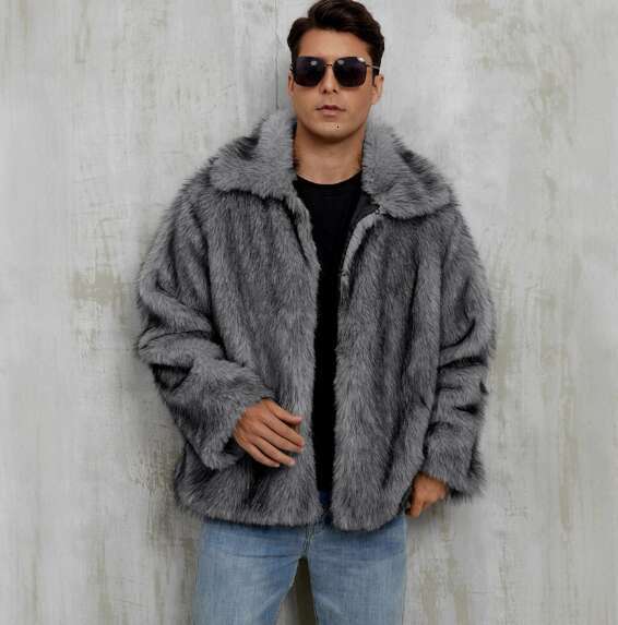Men's collared short-style faux fur jacket - warm coat, plush coat, overcoat H260128
