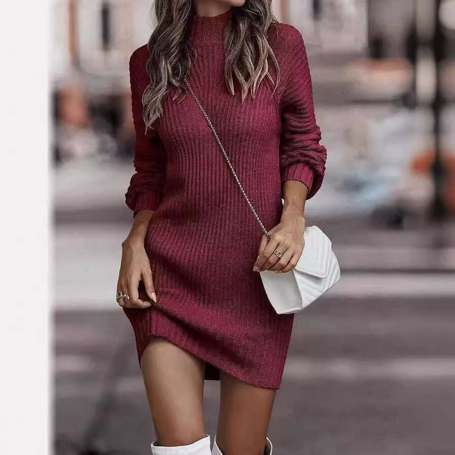 2026 autumn and winter new European and American style high neck sweater women's long sleeved knitted dress women's clothing