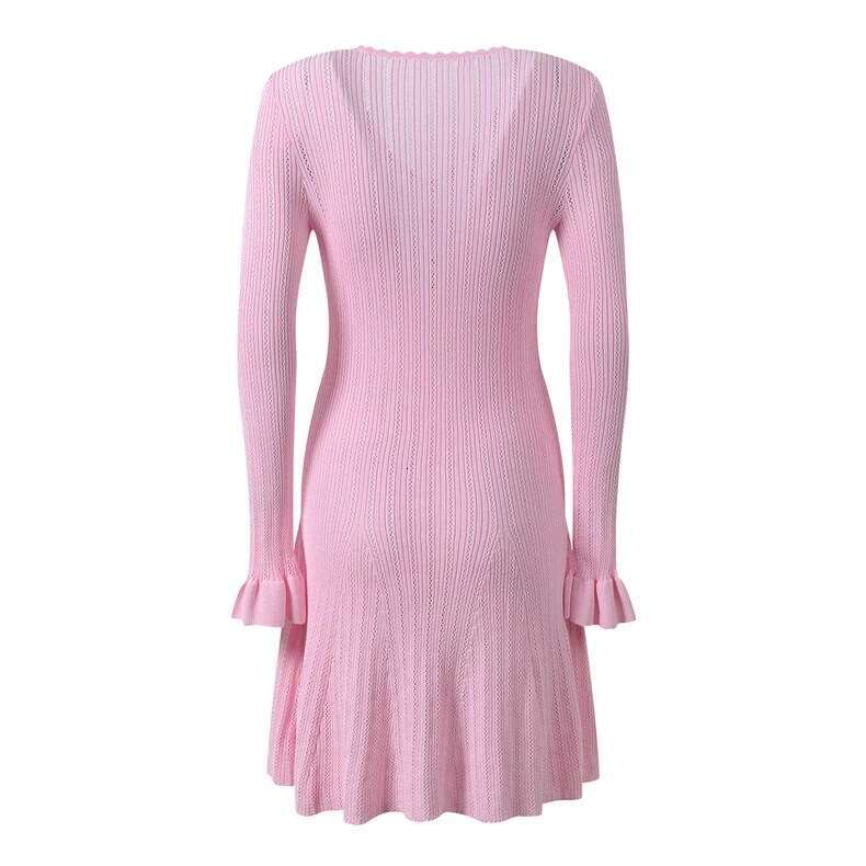 2026 Autumn New V-neck Diamond Button Four Pocket Design Fashionable Hollow Knitted A-line Dress