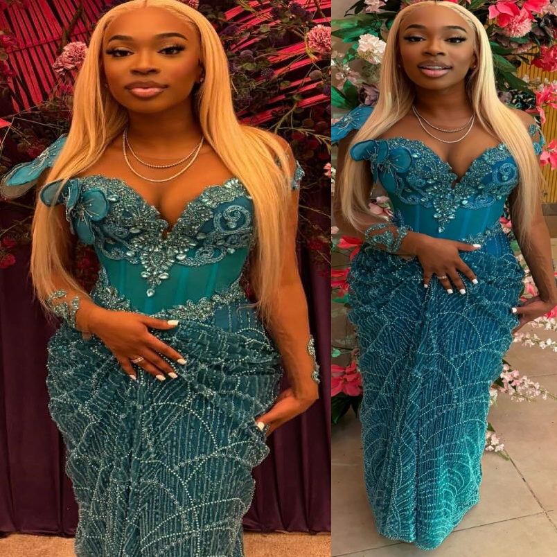 Aso Ebi Blue Sheath Nigerian Prom Dresses 2026 Florals Crystals Beaded Sequined Evening Formal Party Second Birthday Engagement Gowns Dress For Specia