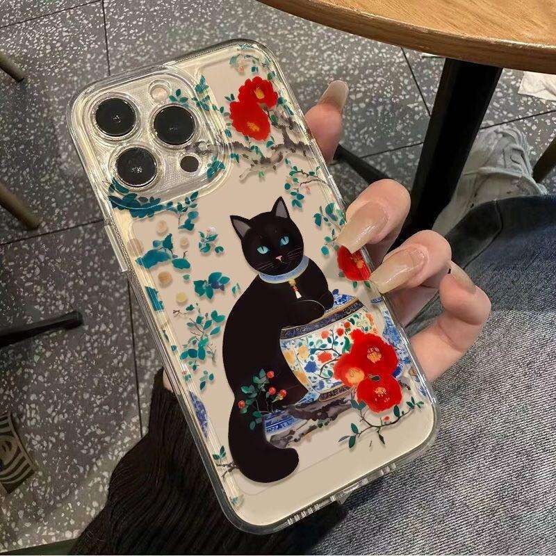 Blue and White Porcelain Peony Black Cat Case for iPhone 16, 15 Pro Max, Niche 14 Pro, Apple 13/12 S260128