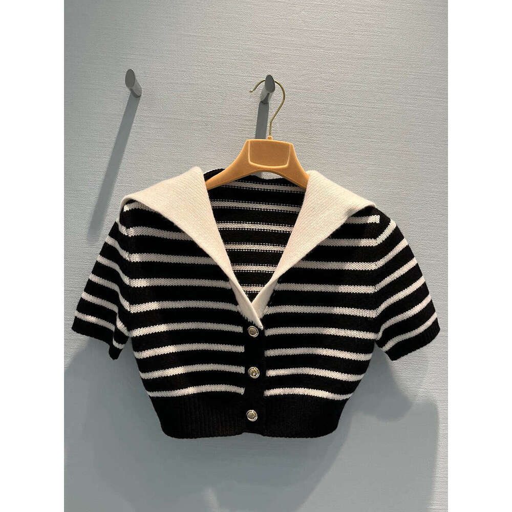 2026 Spring New Navy Blue Collar Knitted Sweater Short Sleeve Striped Slimming Women's Open Knitted Sweater