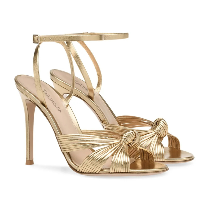 Summer woven stiletto fish mouth light gold PU sandals thin high-heeled banquet dress customized large-size womens shoes 260122