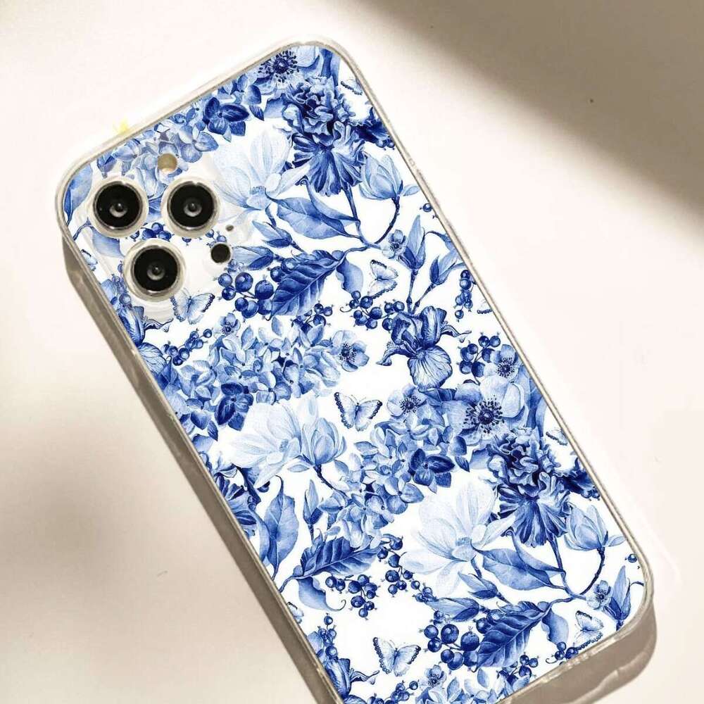 Blue and White Porcelain Color Anti-Fall Transparent for iPhone 15/16/17 Series Pro Max/14 Phone Case Protection S260128