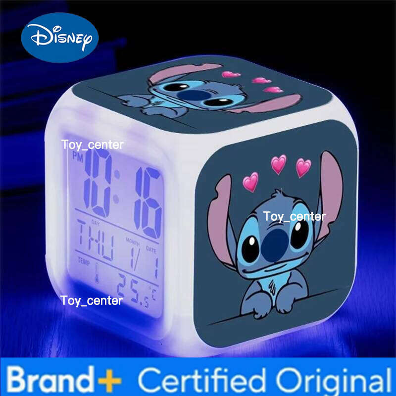 Disney Stitch Alarm Clock Anime Figure Angel Led Nightlight 7 Color Change Student Desk Decoration Toys Accessory Kids Gifts H260128