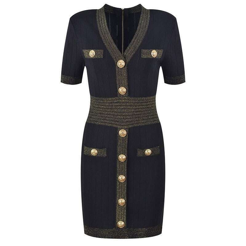 Light luxury 2026 designer summer gold thread slim fit V-neck short sleeved knitted MIDI dress