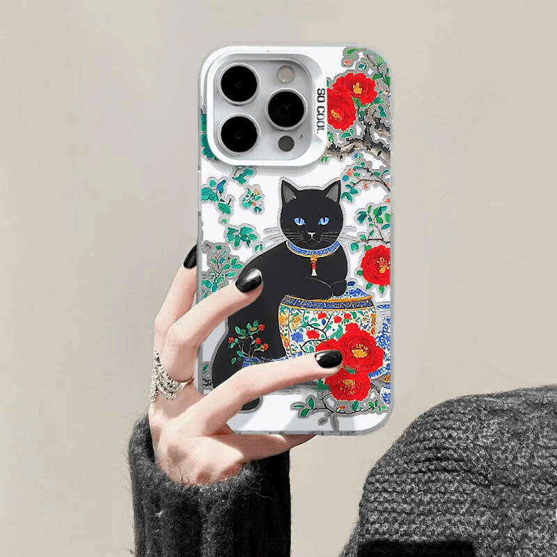 Oil Painting Peony Black Cat for Apple 15 Pro Max High-Value Phone Case iPhone 16 Cartoon 14 Premium S260128