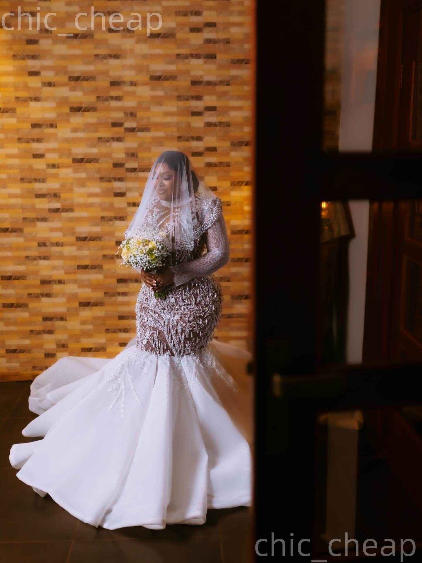 African Aso Ebi 2026 Ivory Mermaid Wedding Dress Illusion Lace Pearls High Neck Long Sleeves Vintage Charming Bridal Gowns Dresses ZJ2378