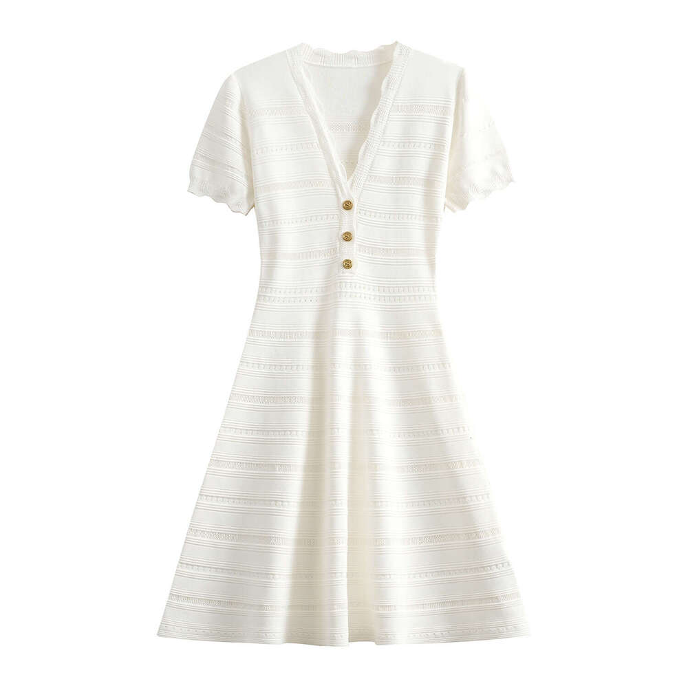 Style: 2026 Summer New Wave Edge V-neck Hollow Short Sleeve Knitted Slimming Women's Dress